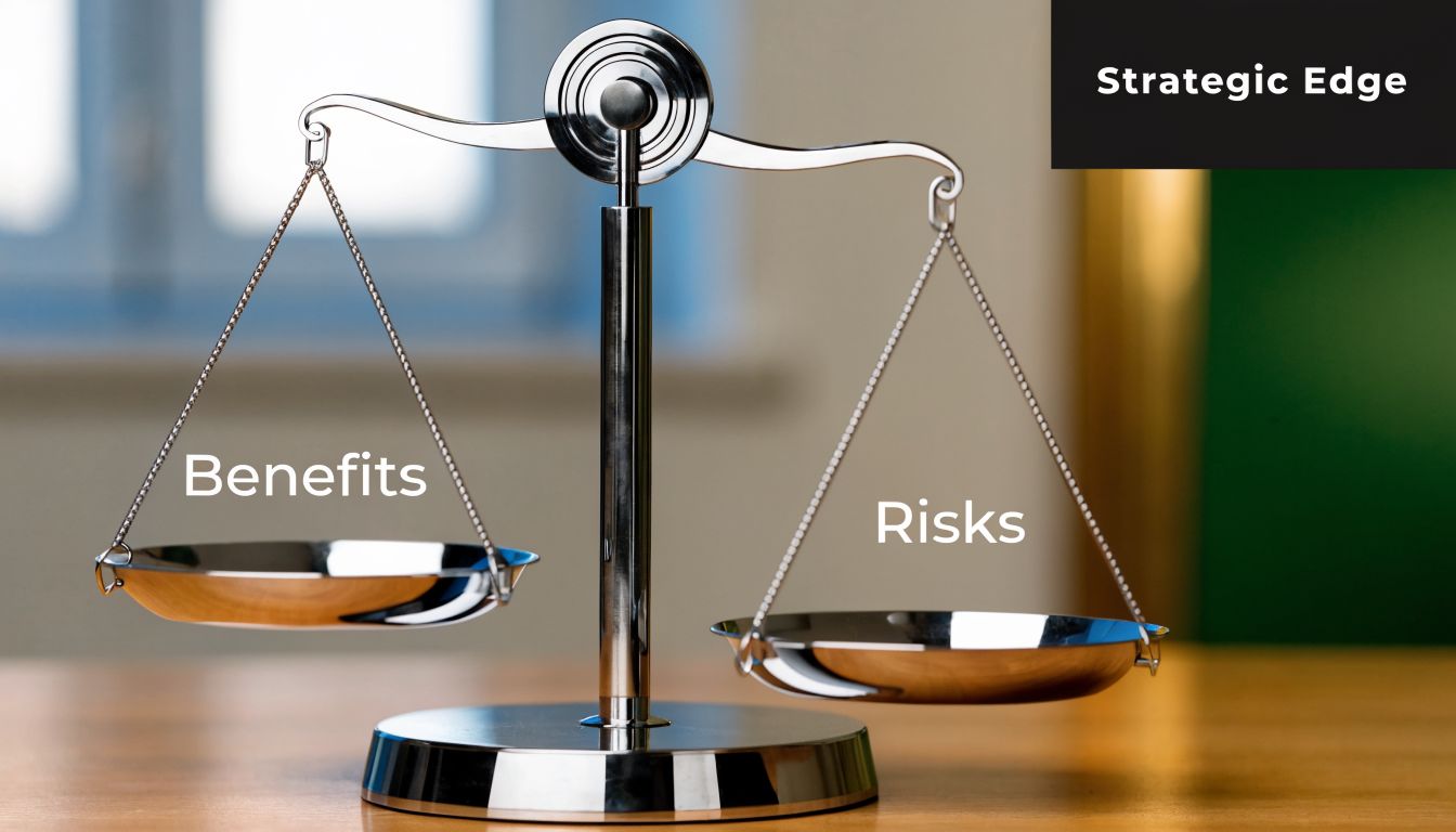A metal weighing scale showing an imbalance between the terms Benefits and Risks on a desk.