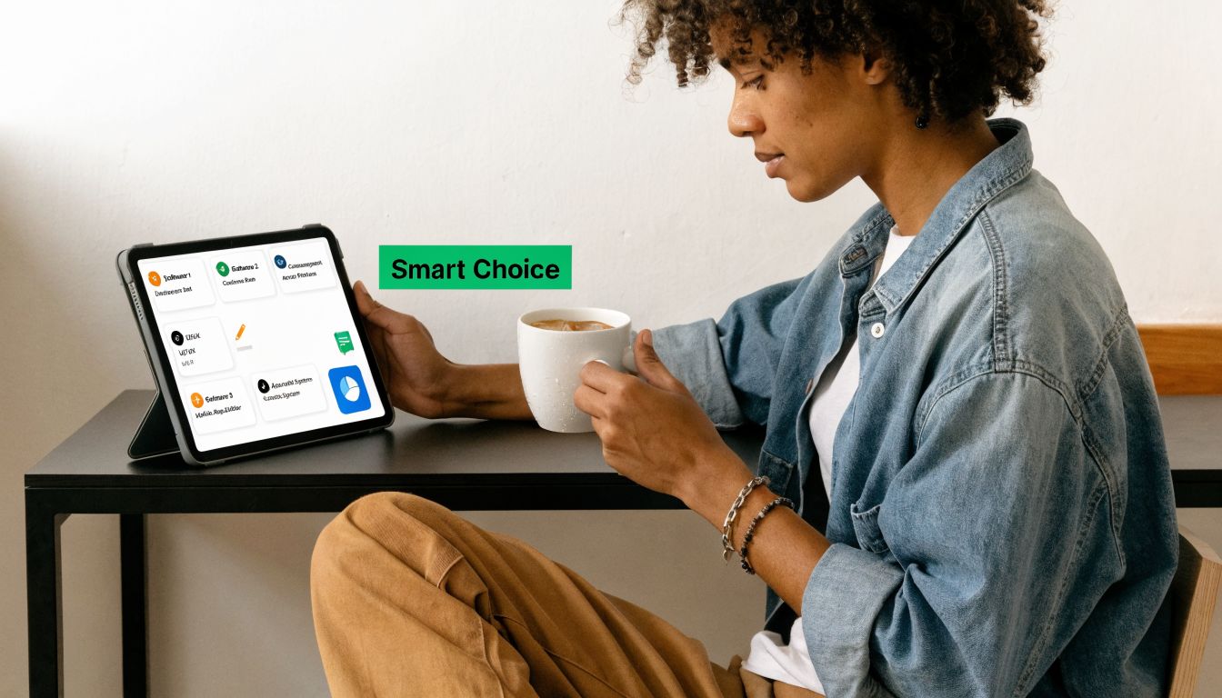A person with curly hair holding a coffee cup while looking at a tablet showing management software.