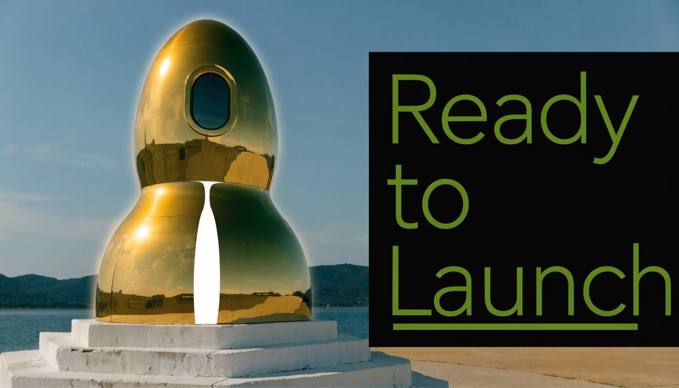 A shiny golden rocket-shaped structure stands on a concrete platform near a body of water.