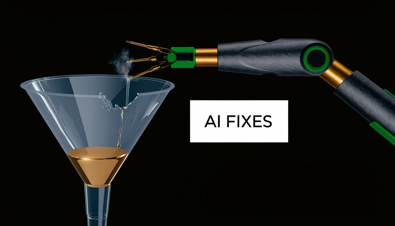 A robotic arm using a laser tool to repair a crack in a glass laboratory funnel.