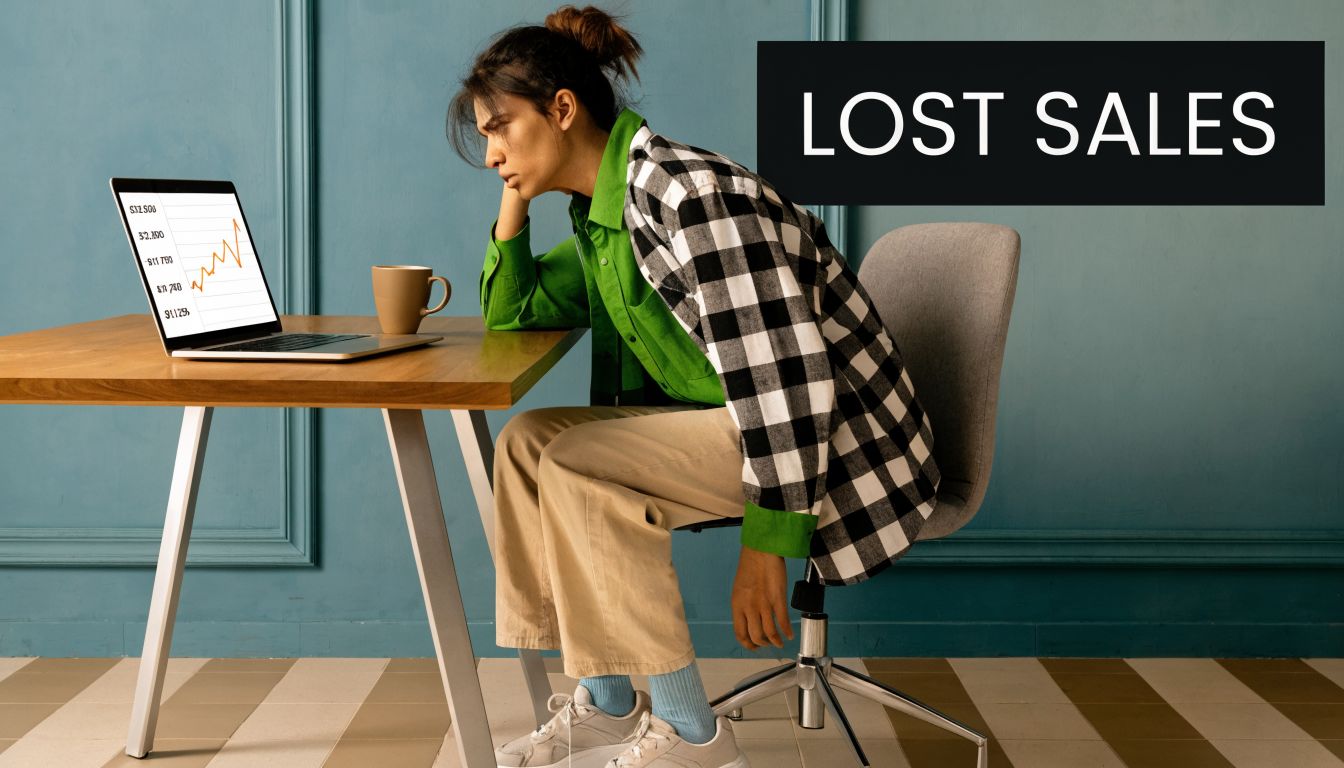 A tired person sitting at a desk looking at a laptop displaying a financial chart about lost sales.