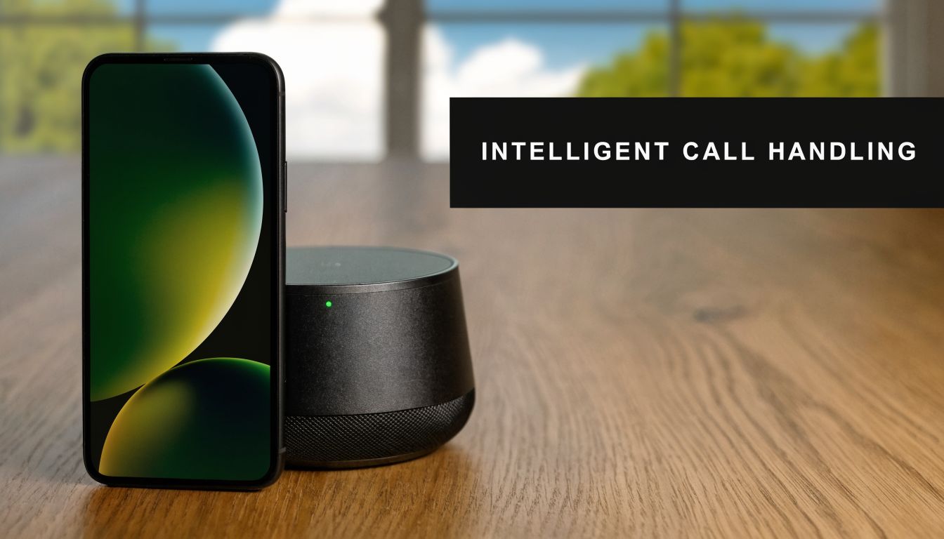 A smartphone placed next to a smart speaker on a wooden desk with text displaying intelligent call handling.
