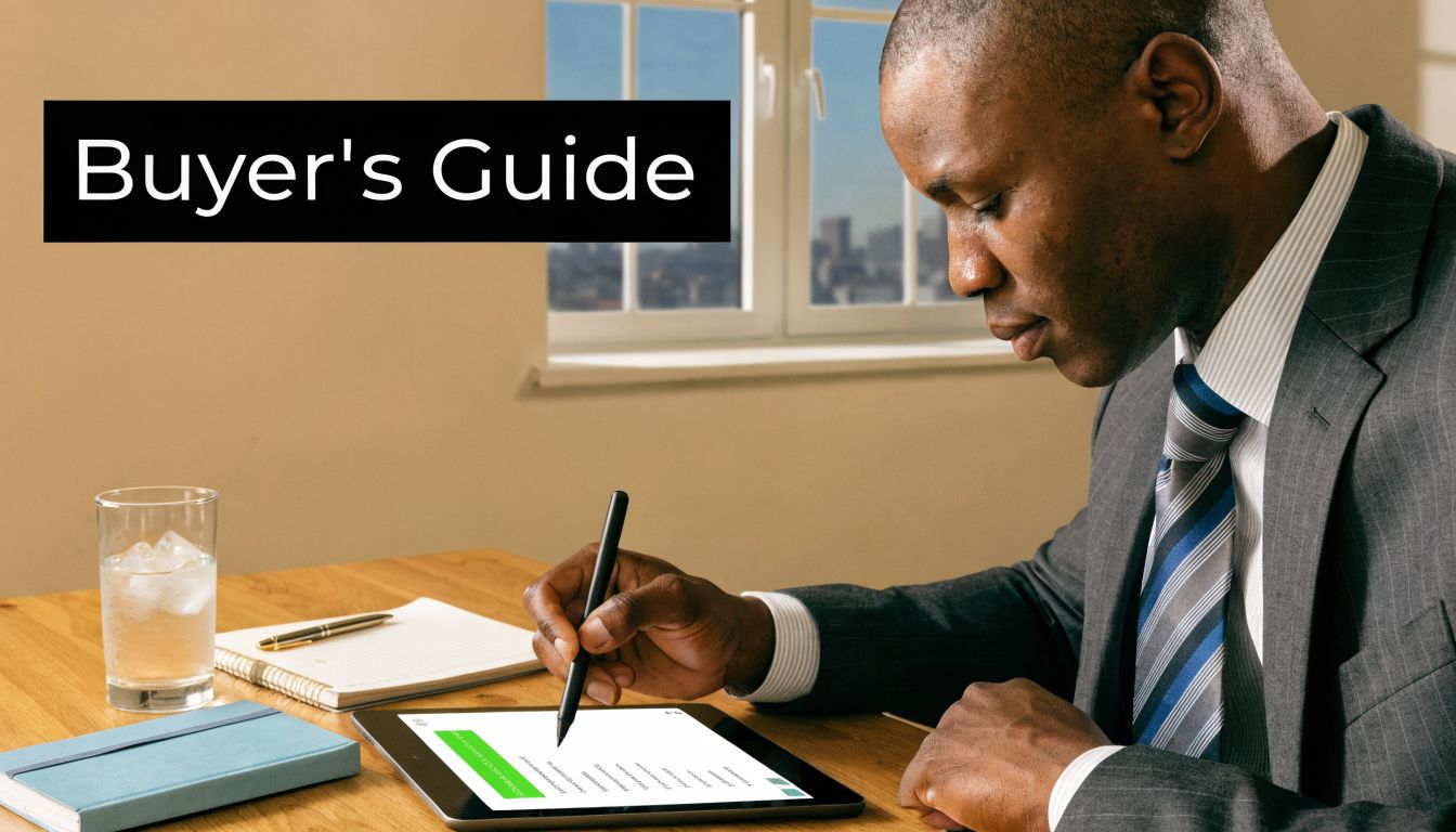 A professional man in a suit signs a digital document on a tablet at a modern office desk.