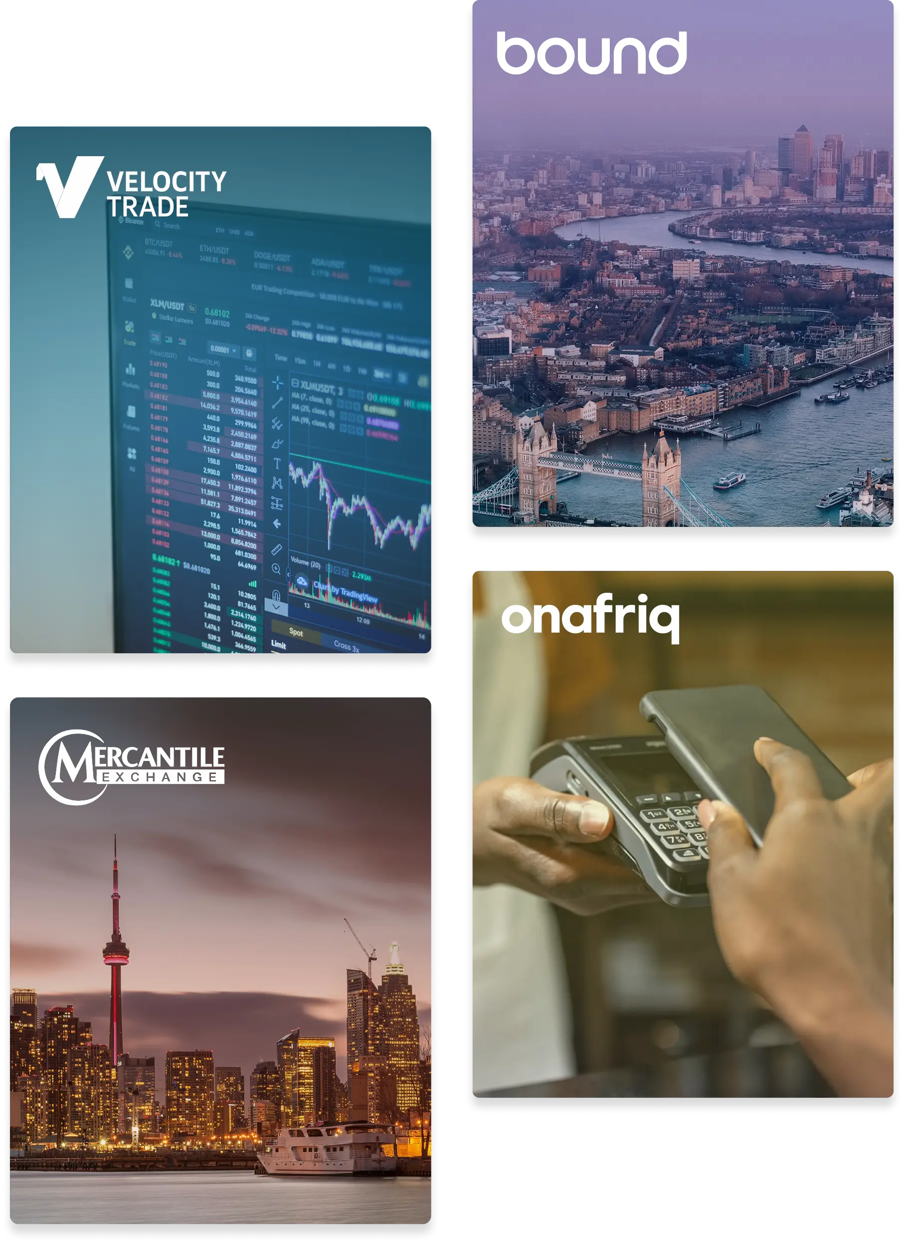 A list of Kooltra case studies, including Velocity Trade, Bound, Mercantile, Onafriq