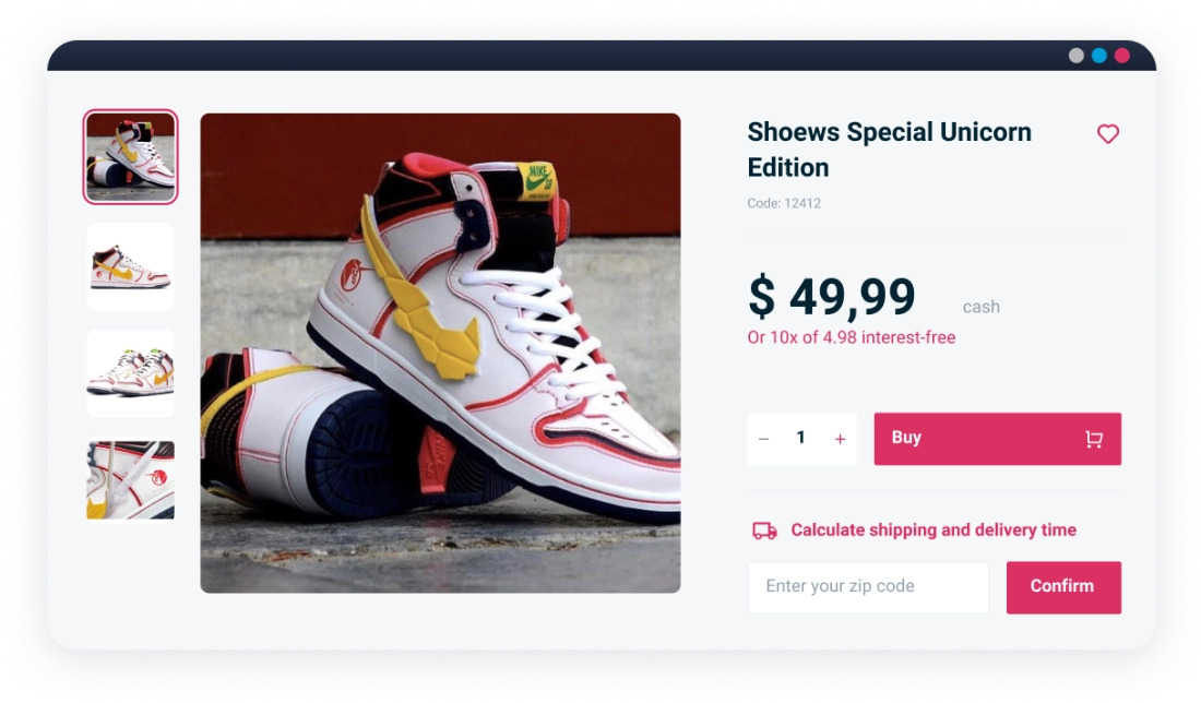 A screenshot of an e-commerce product page. The page features 'Shoews Special Unicorn Edition' sneakers, which are white with red and black accents and a prominent, angular yellow swoosh. The price is listed as $49.99, with options to adjust quantity, buy, and calculate shipping.