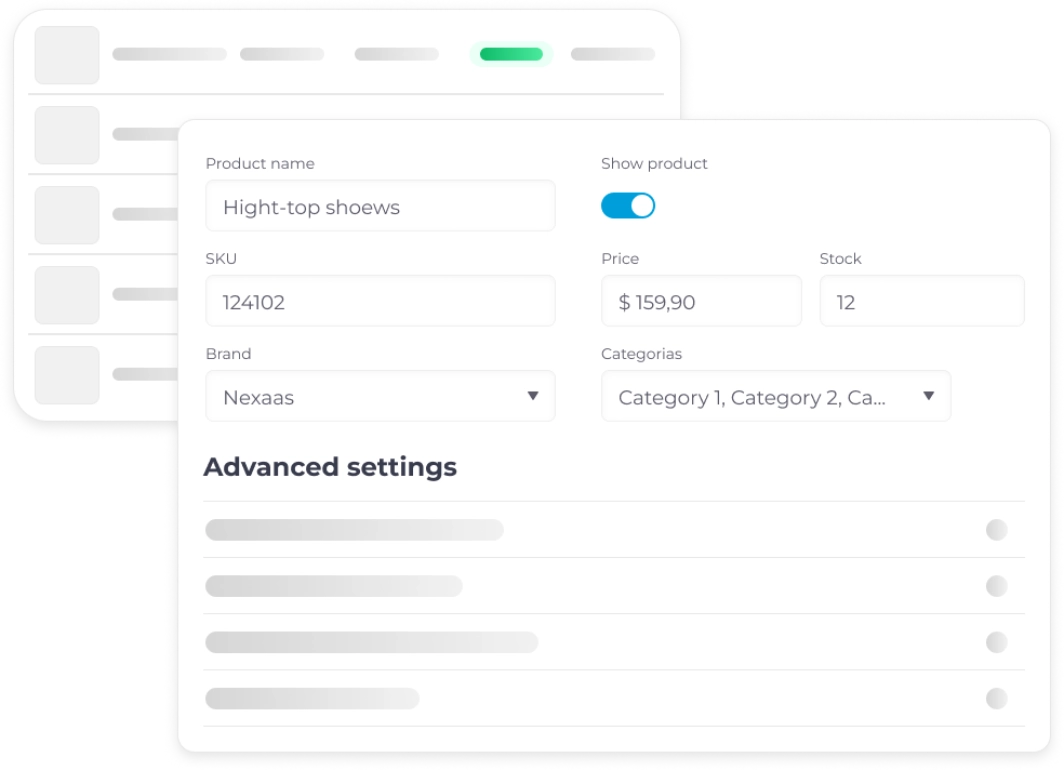 A screenshot of an e-commerce admin panel for editing a product. The form shows fields like 'Product name' ('Hight-top shoews'), 'SKU' ('124102'), 'Price' ('$159.90'), and 'Stock' ('12'). The interface also includes a section for 'Advanced settings'.
