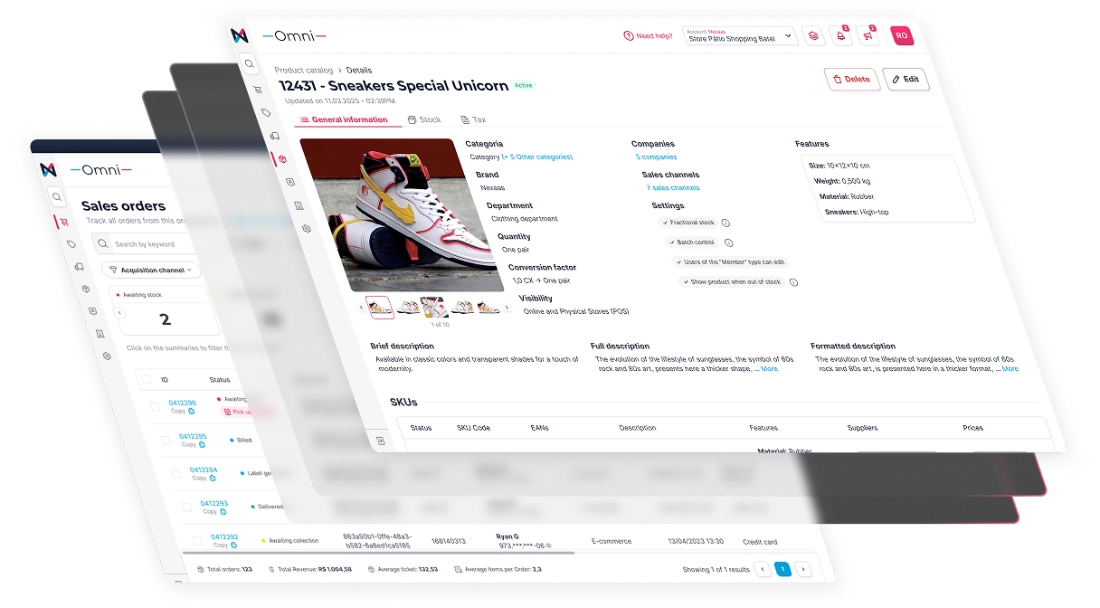An image showcasing the 'Omni' e-commerce management system. The main screen in the foreground is the product details page for 'Sneakers Special Unicorn,' displaying information like images, categories, brand, features, and SKUs. Partially visible behind it is the 'Sales orders' screen, which lists customer orders with their statuses.