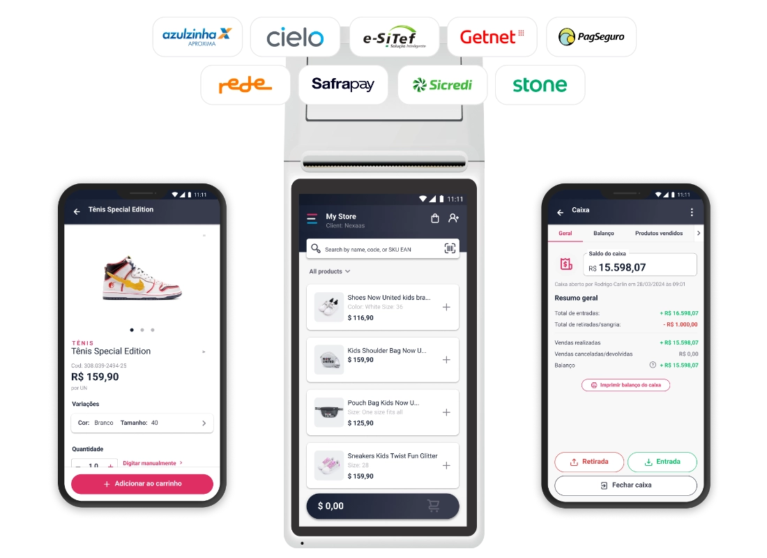 An illustration of the Nexaas integrated retail management system. In the center is a POS terminal displaying a product catalog. To the left, a smartphone shows a product detail page for 'Tênis Special Edition.' To the right, another smartphone displays a 'Caixa' (Cash Register) summary with sales figures in Brazilian Reais. Above them are logos of multiple Brazilian payment solution providers, indicating system compatibility.