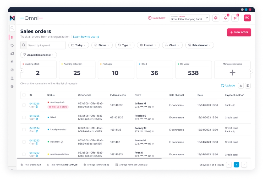 A screenshot of the 'Nexaas Omni' sales order management dashboard. It features prominent summary cards for different order statuses like 'Awaiting stock,' 'Packaged,' and 'Delivered.' Below is a detailed table listing individual orders with information such as client name, date, payment method, and current status, with filter options above.