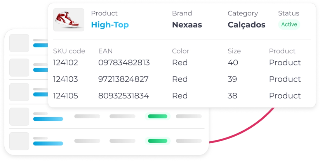 A screenshot of an e-commerce backend showing a product's detail view. The product is a 'High-Top' shoe from the brand 'Nexaas'. Below the main product info, a table lists its variations by SKU code, EAN, color, and size.