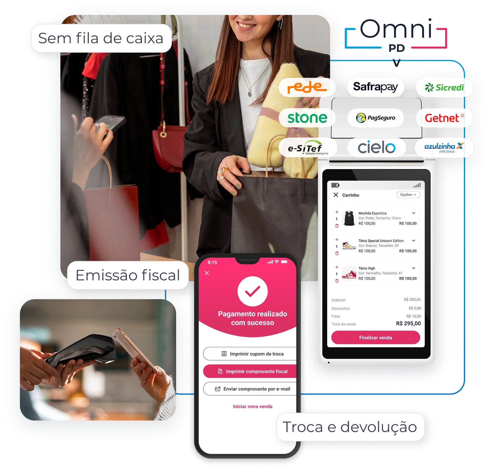 Infográfico da Omnitax demonstrando um sistema de ponto de venda (PDV) para varejo. A imagem destaca funcionalidades como 'Sem fila de caixa', 'Emissão fiscal' e 'Troca e devolução'. São exibidas cenas de uma cliente pagando na loja, um pagamento por aproximação com celular, e telas de um aplicativo mostrando o carrinho de compras e a confirmação de pagamento. Também são visíveis os logotipos de vários parceiros de pagamento, como Rede, Stone, Cielo e PagSeguro.