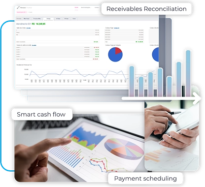 A composite image showcasing financial technology features. At the top, a dashboard on a computer screen labeled "Receivables Reconciliation" displays financial charts. On the bottom left, an image labeled "Smart cash flow" shows a finger pointing at colorful graphs on a tablet. On the bottom right, an image labeled "Payment scheduling" shows hands using a stylus on a tablet to manage finances.