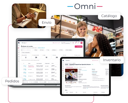 Una composición visual que destaca las funcionalidades de una plataforma de comercio electrónico o gestión de negocios. En el centro, una laptop abierta muestra la interfaz de 'Pedidos', con una lista de órdenes y datos numéricos. A su derecha, una tablet exhibe la sección de 'Inventario', mostrando la página de detalles de un producto para una zapatilla deportiva multicolor llamada 'ZAPATILLAS deportivas Special Unicorn', similar a la imagen anterior. En la parte superior izquierda, se observa una imagen etiquetada como 'Envío', donde una persona está preparando un paquete, colocando una etiqueta. En la parte superior derecha, una imagen etiquetada como 'Catálogo' muestra a dos mujeres interactuando en lo que parece ser una tienda o un almacén, con estanterías llenas de productos al fondo. El logo 'Omni' está presente en la parte superior central de la composición, uniendo los distintos elementos.