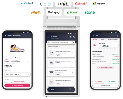 La imagen presenta una composición visual que ilustra un ecosistema de punto de venta y pago. En la parte superior, se muestran los logotipos de varios proveedores de servicios de pago como Azulzinha, Cielo, e-SiTef, Getnet, PagSeguro, Rede, Safrapay, Sicredi y Stone, destacando la integración de múltiples opciones de pago. Debajo de estos logotipos, se aprecian tres pantallas de smartphone que representan diferentes funcionalidades. A la izquierda, una pantalla muestra la página de detalles de un producto, unas zapatillas 'TENIS Zapatos Special Edition', con su precio y opciones de talla y color, junto con un botón para 'Añadir al carrito'. En el centro, una pantalla de un terminal de punto de venta (POS) simula una interfaz de 'Mi Tienda', mostrando un carrito con varios productos listados, como 'Zapatillas New Unisex Kids' y 'Kids Bolsa de hombro', con sus precios y un total de '$0.00'. A la derecha, una pantalla de 'Caja' muestra un resumen financiero con 'Saldo de la caja', 'Ingresos del período' y 'Balance', así como botones para 'Retirada' e 'Ingreso' de efectivo, y 'Cerrar caja', indicando la gestión completa de transacciones y cierres de caja.