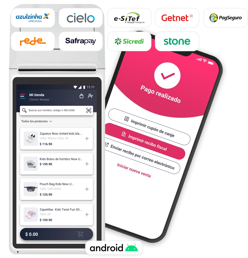 La imagen presenta una composición visual que destaca las capacidades de punto de venta (POS) y las opciones de pago de una aplicación móvil. En la parte superior, se muestran varios logotipos de procesadores de pago y bancos, incluyendo Azulzinha, Cielo, e-SiTef, Getnet, PagSeguro, Rede, Safrapay, Sicredi y Stone, lo que sugiere una amplia integración de pagos. Debajo de esto, hay dos pantallas de smartphone prominentes. La pantalla de la izquierda muestra una interfaz de 'Mi tienda' donde se listan varios productos como 'Zapatos Now United kids', 'Kids Bolso de hombro' y 'Pouch Bag Kids', con sus respectivos precios y un total de '$0.00' en el carrito. La pantalla de la derecha, con un fondo rosa brillante, muestra una confirmación de 'Pago realizado' con una marca de verificación. Debajo de la confirmación, hay tres botones que ofrecen opciones: 'Imprimir cupón de canje', 'Imprimir recibo fiscal' y 'Enviar recibo por correo electrónico', seguidos de la opción para 'Iniciar nueva venta'. El logotipo de Android se encuentra en la parte inferior, indicando la compatibilidad de la aplicación con este sistema operativo.