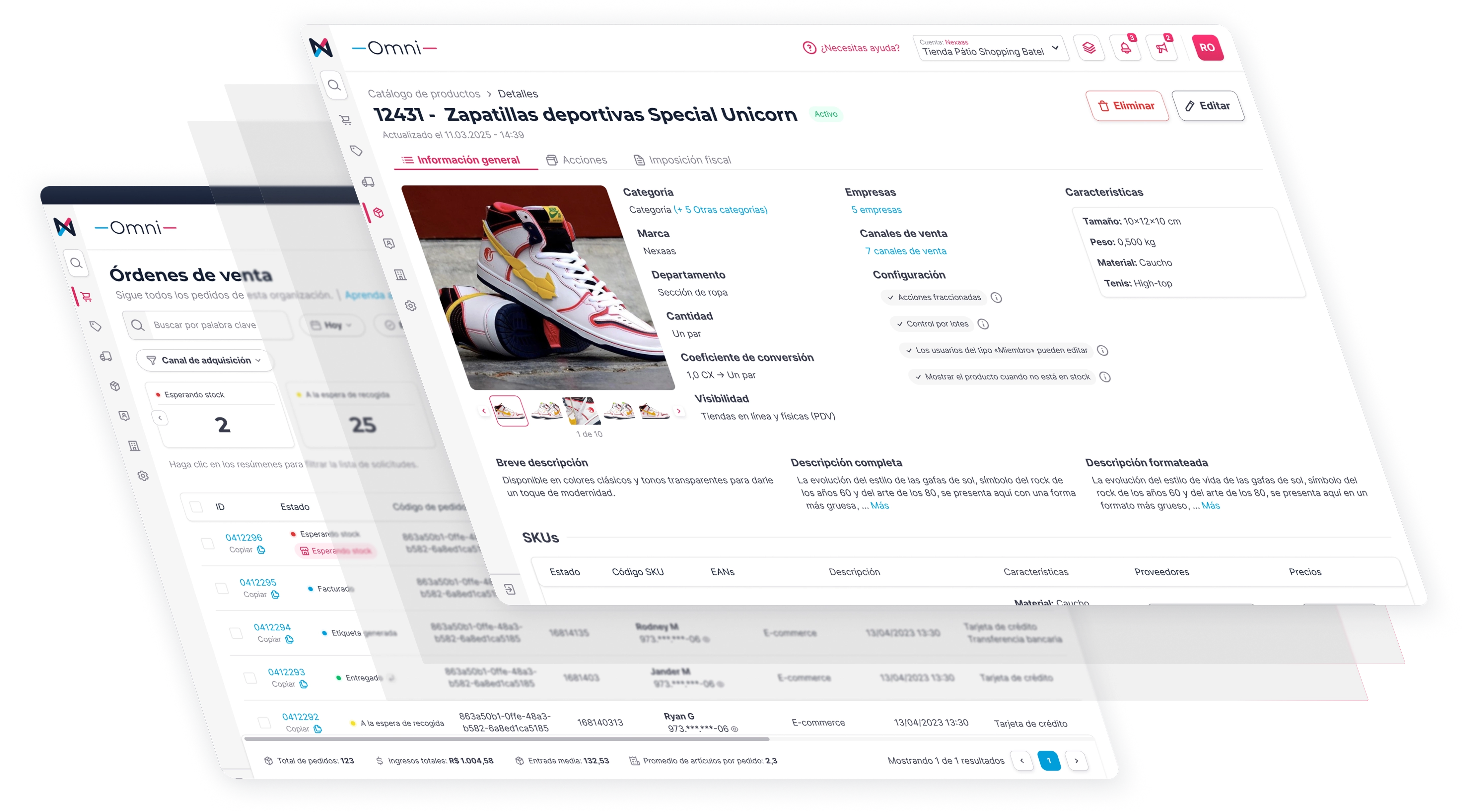 Una superposición de tres capturas de pantalla de una aplicación de gestión de inventario o comercio electrónico. La captura de pantalla superior y más destacada muestra la página de detalles de un producto, con una zapatilla deportiva multicolor con el nombre 'ZAPATILLAS deportivas Special Unicorn' visible. Incluye campos para descripción, precio, unidades de venta y categoría. Las dos capturas de pantalla inferiores, parcialmente ocultas, muestran otras secciones de la aplicación, posiblemente listas de pedidos o un catálogo de productos, con barras de búsqueda y tablas de datos.