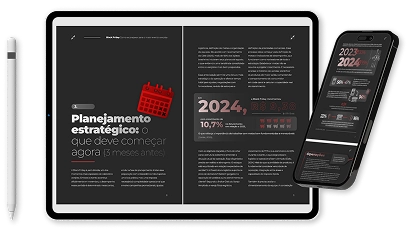 Um tablet e um smartphone exibindo um documento digital com tema escuro. O tablet mostra uma página de artigo intitulada 'Planejamento estratégico: o que deve começar agora (3 meses antes)', com um ícone de calendário vermelho. O documento contém texto sobre estratégia e números como '2024, R$ 0,00' e '10,7%'. O smartphone exibe uma versão adaptada do mesmo documento, mostrando '2023 - 2024' no topo. À esquerda do tablet, uma caneta stylus branca está posicionada verticalmente.