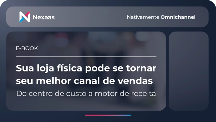 Banner promocional em tons de cinza escuro para um E-BOOK da Nexaas. O título principal é 'Sua loja física pode se tornar seu melhor canal de vendas', com a subtítulo 'De centro de custo a motor de receita'. No topo, o logo da Nexaas é exibido junto com o slogan 'Nativamente Omnichannel'. O design possui blocos de conteúdo com bordas arredondadas e um gradiente sutil.