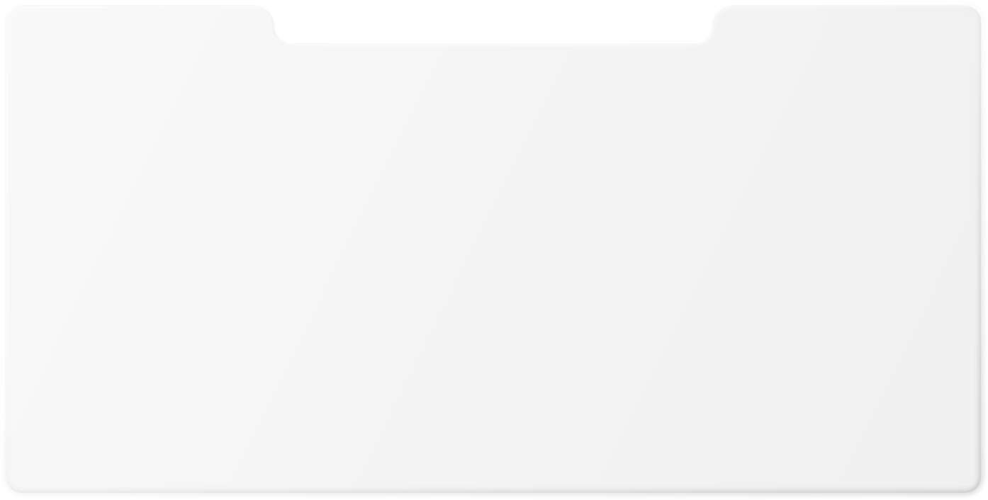 A imagem exibe um retângulo branco-acinzentado horizontal, com bordas suavemente arredondadas. Na parte superior do retângulo, há dois recortes curvos e escuros, um em cada canto superior, que simulam o topo de uma tela de smartphone ou tablet, com um "notch" centralizado. O fundo é um gradiente de cinza claro ao azul claro. O design geral é minimalista e sugere uma superfície translúcida ou um elemento de interface de usuário.