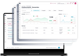 A imagem apresenta um conjunto sobreposto de telas de software, dispostas em cascata, que emergem de um laptop escuro e moderno, visível na parte inferior da imagem.
A tela superior e mais proeminente é um painel de controle (dashboard) com gráficos e dados. No topo, há um título "Mantenha contato - Conexões" e opções de filtro. Abaixo, dois gráficos de linha exibem tendências, com o gráfico da esquerda mostrando linhas verdes e vermelhas, e o da direita exibindo linhas azuis. Há também indicadores numéricos e ícones circulares com "checks" verdes. Na parte inferior desta tela, uma tabela lista "Erros" com colunas como "Nome", "Impacto" e "Status".
Atrás dessa tela principal, outras telas semelhantes estão parcialmente visíveis, com menus laterais e conteúdo de dashboards, criando um efeito de profundidade. Todas as telas têm um design limpo, predominantemente branco com elementos em azul e cinza, e o logo "N" da Nexaas é visível no canto superior esquerdo de algumas delas. O fundo da imagem é branco.