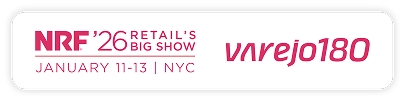 Banner com os logotipos do evento NRF '26 Retail's Big Show e da marca Varejo180. Abaixo do logo da NRF, consta a data e local: January 11-13 | NYC.