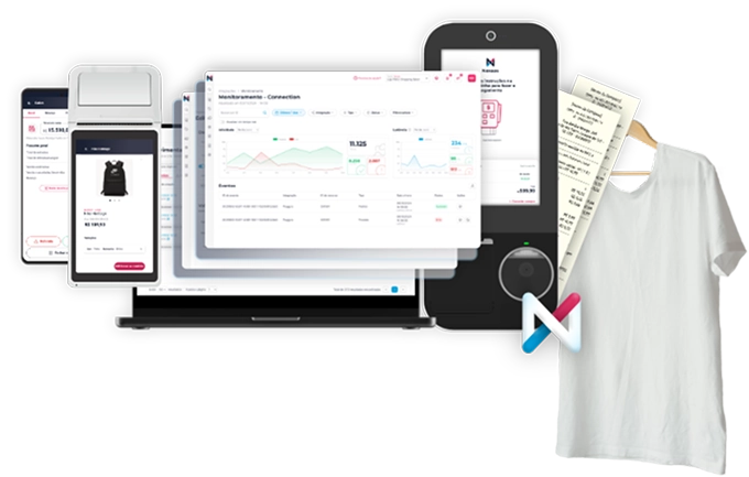 Uma colagem que mistura tecnologia e produtos. Um notebook central exibe um dashboard de gestão, cercado por um celular e uma Smart POS à esquerda, e um totem de autoatendimento à direita. Sobrepostos a estes equipamentos, no canto direito, estão uma camiseta branca pendurada em um cabide e uma longa nota fiscal de papel, simbolizando a venda física. O logo da 'Nexaas' aparece na parte inferior.