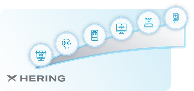 Banner retangular de fundo azul ciano. No canto inferior esquerdo, o logotipo cinza da Hering. Uma faixa branca curva e ascendente atravessa a imagem da esquerda para a direita, sustentando seis ícones circulares lineares: 1) Uma loja física; 2) Uma cabeça com um chip (Inteligência Artificial); 3) Um smartphone com sacola de compras (Mobile); 4) Um monitor com setas de expansão (Omnichannel); 5) Um notebook com um diamante na tela; 6) Uma máquina de cartão (POS/Pagamentos).