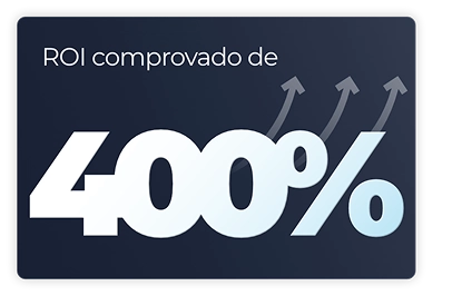 Card com fundo azul escuro focado em resultados. No topo, o texto em branco diz 'ROI comprovado de'. Abaixo, em tamanho muito maior e com fonte grossa em tom de azul claro e branco, está o número '400%'. Atrás do número, três setas cinzas curvas apontam para cima e para a direita, ilustrando a ideia de alto crescimento financeiro.