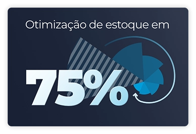Card com fundo azul escuro focado em resultados operacionais. No topo, o texto em branco diz 'Otimização de estoque em'. No centro, em tamanho grande e fonte grossa com gradiente branco e azul claro, está o número '75%'. Atrás e à direita do número, há um gráfico circular abstrato composto por triângulos sobrepostos (alguns sólidos, outros hachurados) e uma seta curva que circunda a forma apontando para cima e para a direita, sugerindo a ideia de ciclo ou giro rápido.