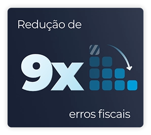 Card com fundo azul escuro focado em conformidade. No topo, em texto branco, lê-se 'Redução de'. No centro, em destaque com fonte grande azul clara, está o valor '9x'. À direita do número, há um gráfico decrescente formado por blocos quadrados azuis, acompanhado de uma seta curva apontando para baixo e para a direita, ilustrando a queda vertiginosa. Na base, o texto conclui com 'erros fiscais'