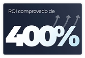 Card com fundo azul escuro focado em resultados. No topo, o texto em branco diz 'ROI comprovado de'. Abaixo, em tamanho muito maior e com fonte grossa em tom de azul claro e branco, está o número '400%'. Atrás do número, três setas cinzas curvas apontam para cima e para a direita, ilustrando a ideia de alto crescimento financeiro.