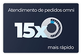 Card com fundo azul escuro focado em ganho de performance. No topo, em texto branco, lê-se 'Atendimento de pedidos omni'. No centro, em letras grandes e com um gradiente azul claro, está o valor '15x'. Atrás do número, há um gráfico circular que lembra um anel de carregamento (loading), parcialmente preenchido com listras diagonais e um ponto azul vibrante. No canto inferior direito, finalizando a frase, está escrito 'mais rápido'.