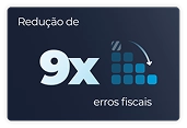 Card com fundo azul escuro focado em conformidade. No topo, em texto branco, lê-se 'Redução de'. No centro, em destaque com fonte grande azul clara, está o valor '9x'. À direita do número, há um gráfico decrescente formado por blocos quadrados azuis, acompanhado de uma seta curva apontando para baixo e para a direita, ilustrando a queda vertiginosa. Na base, o texto conclui com 'erros fiscais'