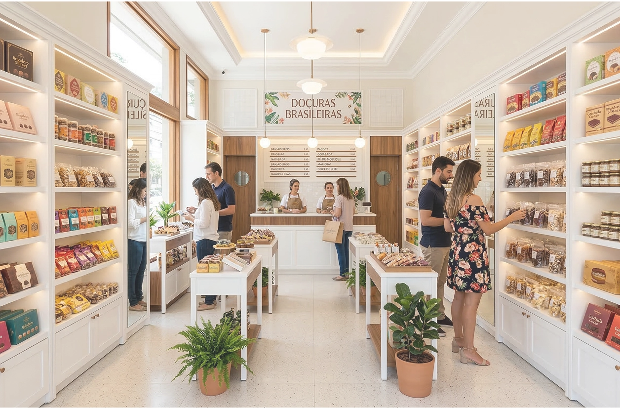 Visão ampla do interior bem iluminado da loja 'Doçuras Brasileiras'. O ambiente possui móveis brancos, piso claro e detalhes em madeira. Nas laterais, estantes altas e iluminadas expõem caixas e potes de doces, intercaladas com espelhos grandes. No corredor central, pequenas ilhas de madeira e branco exibem mais produtos. Vários clientes circulam pela loja escolhendo mercadorias. Ao fundo central, duas atendentes com aventais marrons estão atrás do balcão de atendimento, sob um letreiro decorado com folhagens e um menu de preços na parede. Vasos de plantas complementam a decoração limpa e moderna.