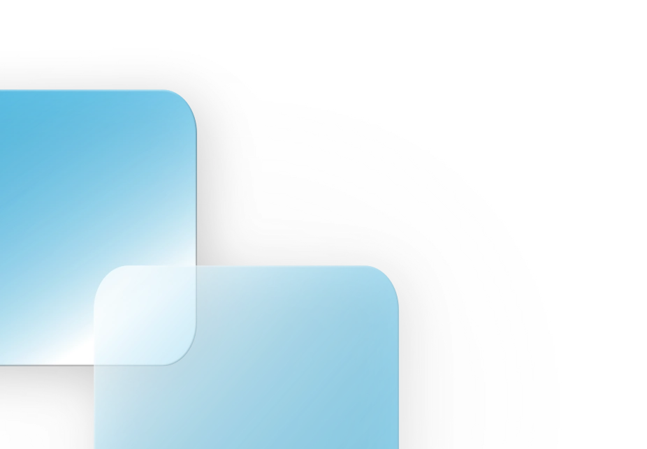 Gráfico abstrato para o canto superior esquerdo com formas retangulares azuis arredondadas e bordas curvas em degradê cinza.