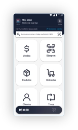 Captura de tela de um aplicativo móvel de vendas com menu principal composto por seis botões: Vendas, Bipagem, Produtos, Retiradas, Clientes e Troca.