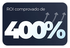 Infográfico com fundo azul escuro exibindo o texto 'ROI comprovado de 400%' com três setas apontando para cima.