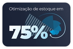 Infográfico com fundo azul destacando 'Otimização de estoque em 75%' acompanhado de um gráfico circular estilizado.