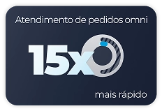Infográfico com fundo azul destacando 'Atendimento de pedidos omni 15x mais rápido' com um ícone circular de cronômetro estilizado.