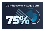 Infográfico com fundo azul destacando 'Otimização de estoque em 75%' acompanhado de um gráfico circular estilizado.