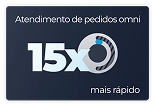 Infográfico com fundo azul destacando 'Atendimento de pedidos omni 15x mais rápido' com um ícone circular de cronômetro estilizado.