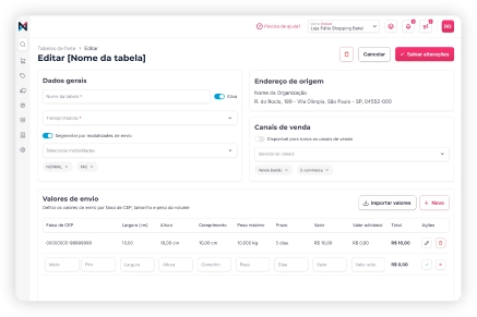 Interface de software exibindo um formulário para editar tabelas de frete, com seções para dados gerais, endereço de origem, canais de venda e uma lista de valores de envio.