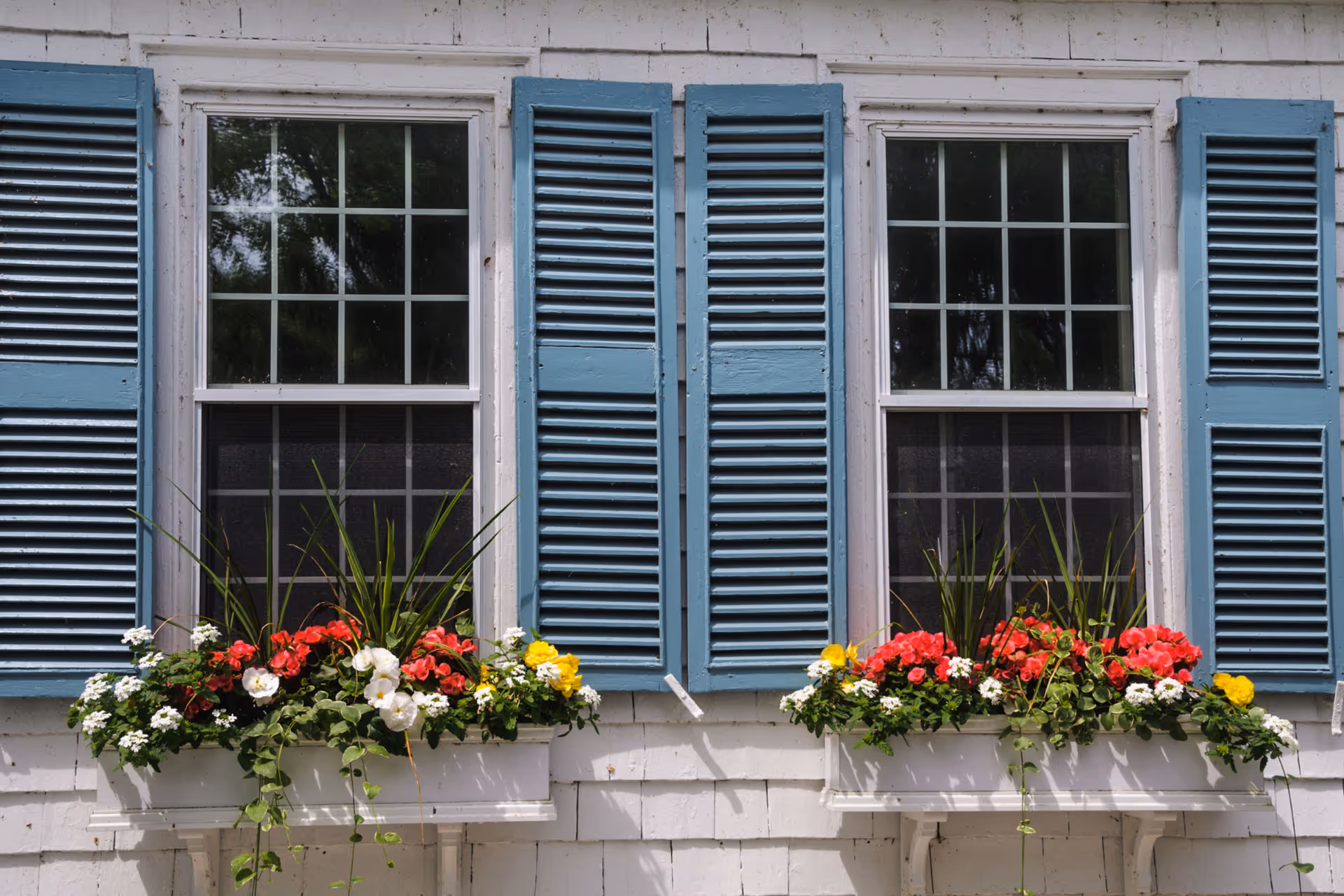 Two double hung windows (viewed from the exterior) with plant boxes underneath.