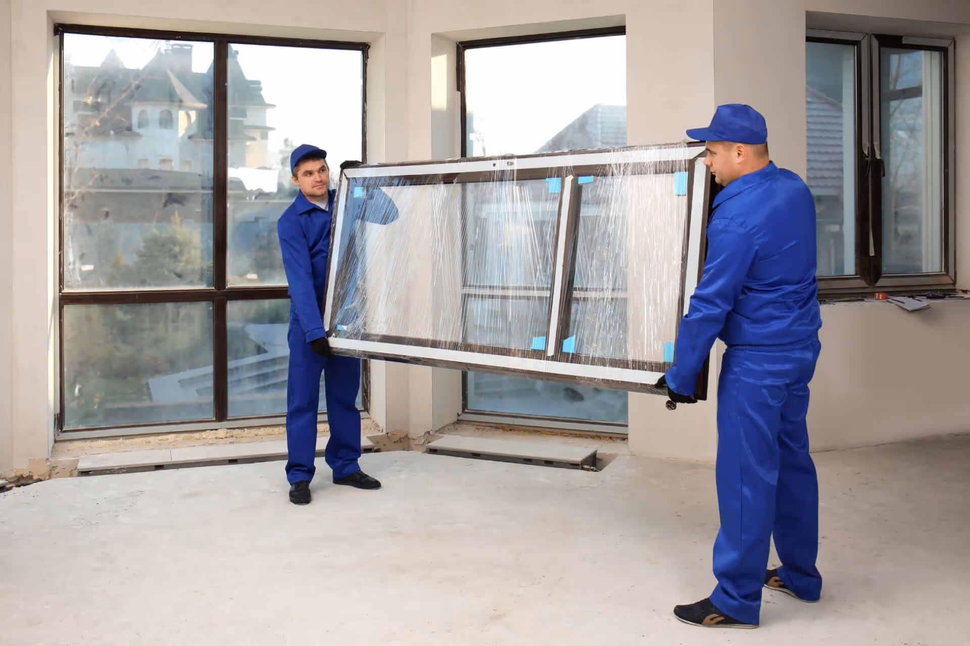 Professional window installers carrying tall fixed windows