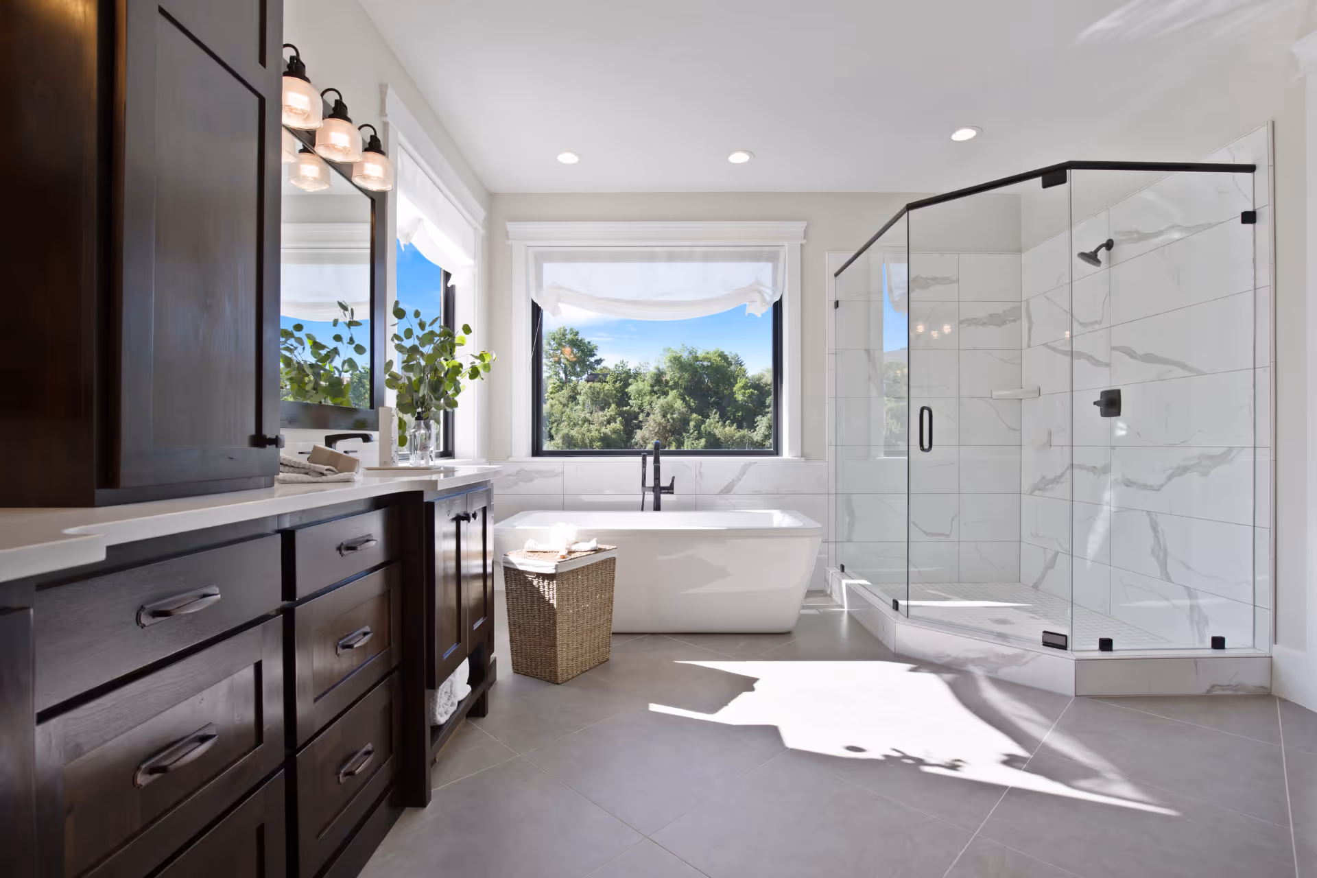 Bathroom with two large picture windows installed