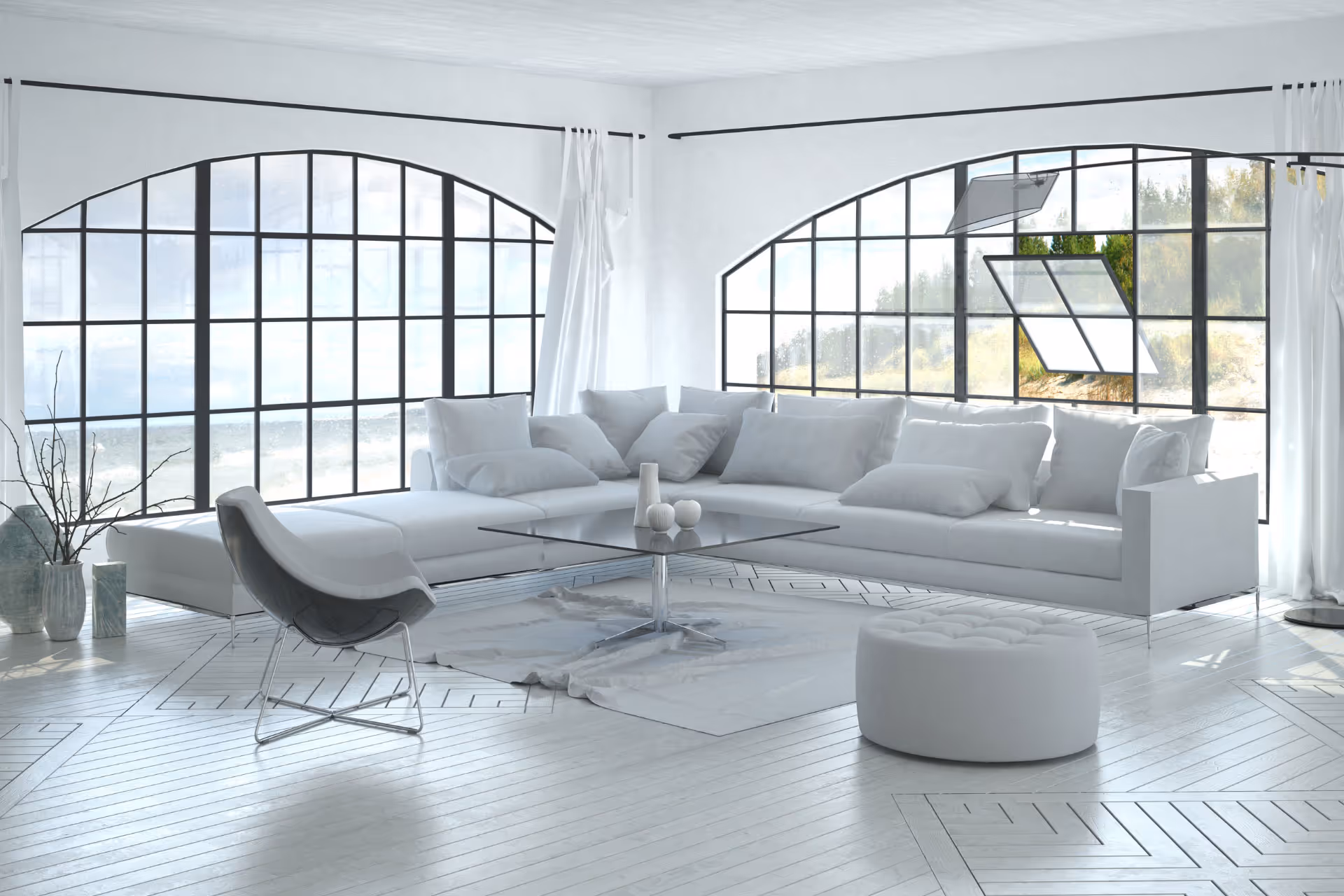 White interior home with specialty windows