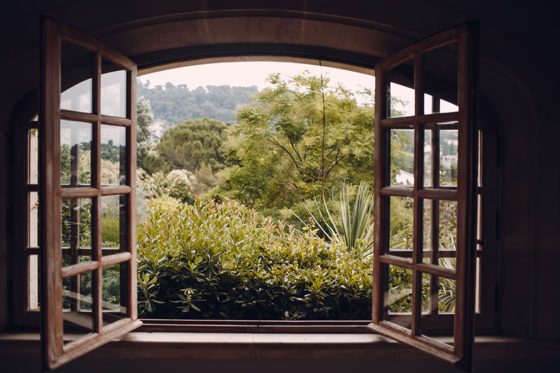 An opened wooden window shows a lush green view of tall trees and shrubs