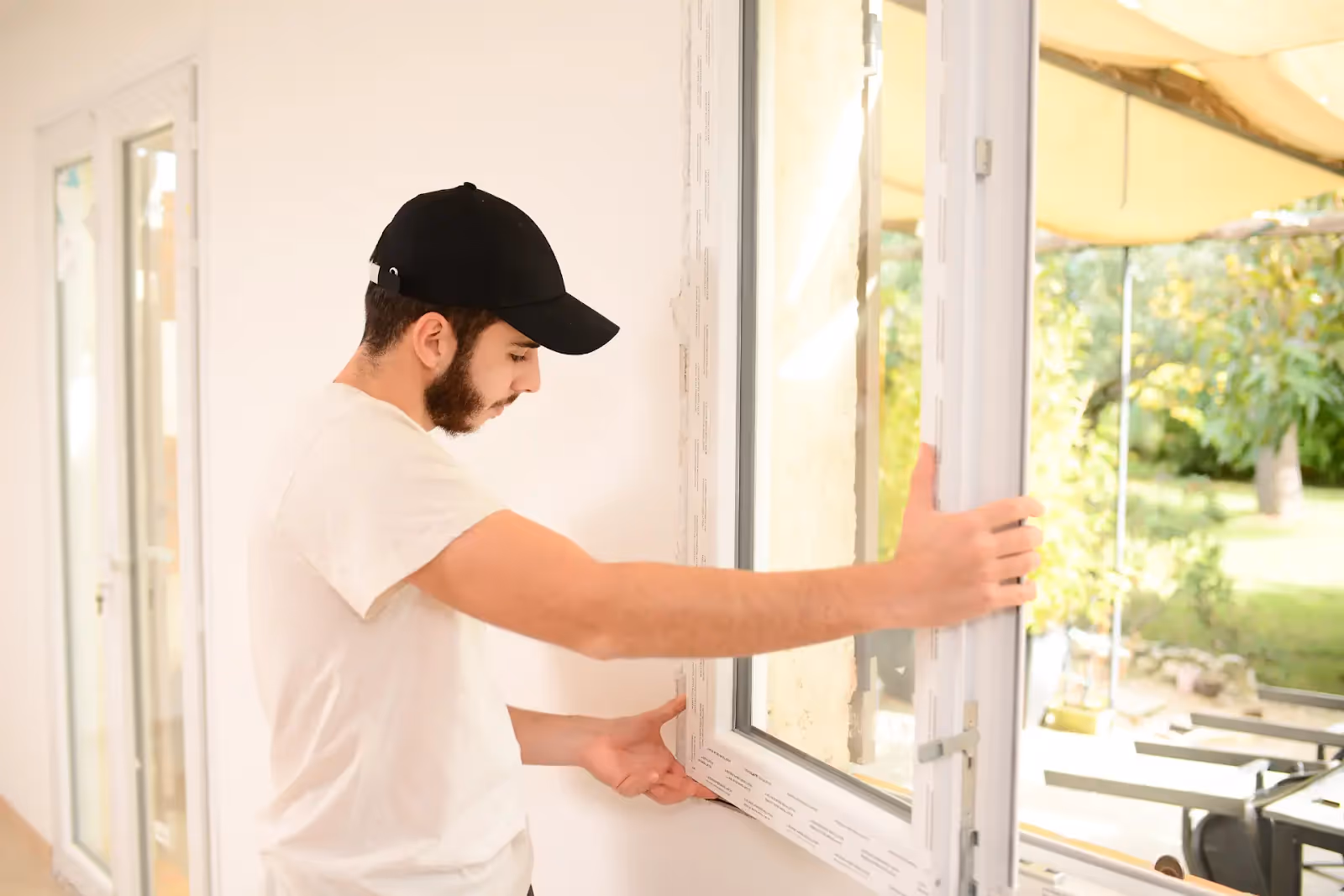A young man installing a new window