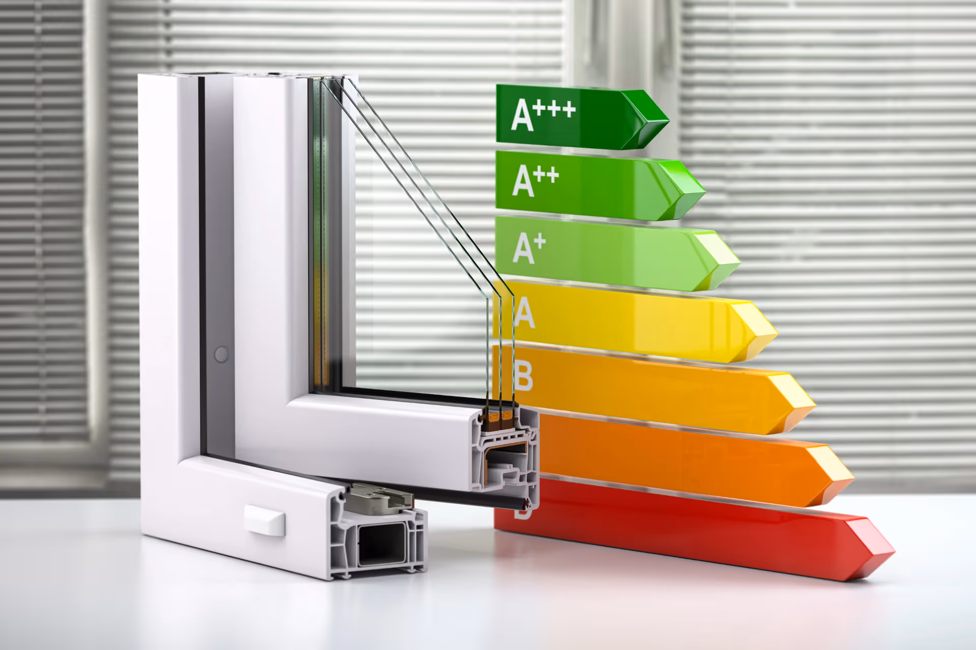 Cutout of a triple-glazed PVC window