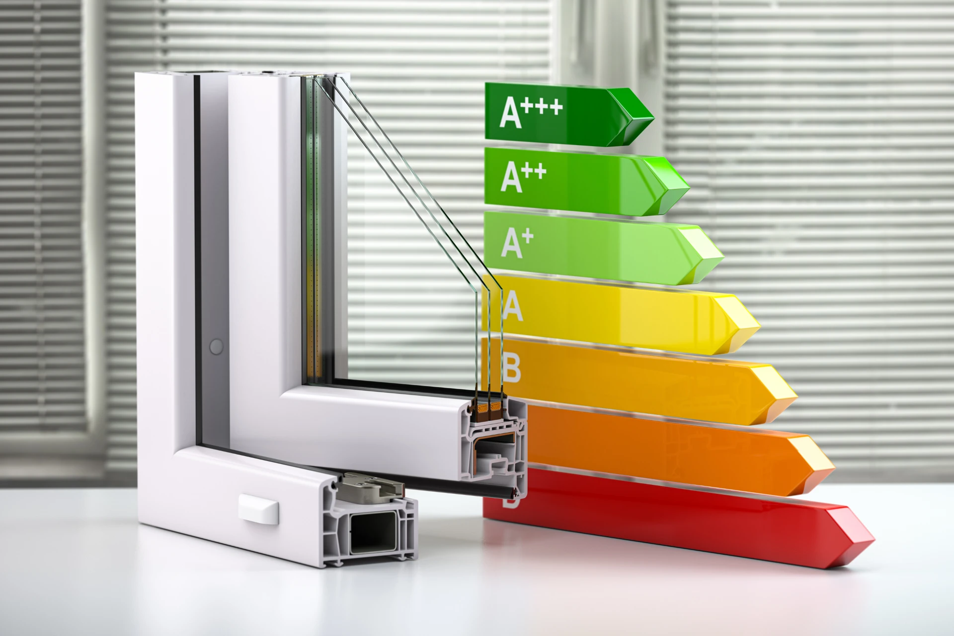 Cutout of a triple-glazed PVC window